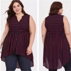 Torrid Tunic Lexie Tank Top Georgette Sleeveless Striped Blue Red Plus Size 2X